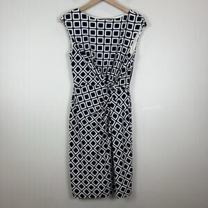 Ralph Lauren Twist Front Sheath Dress Womens 10P Blue White Diamond Print Career